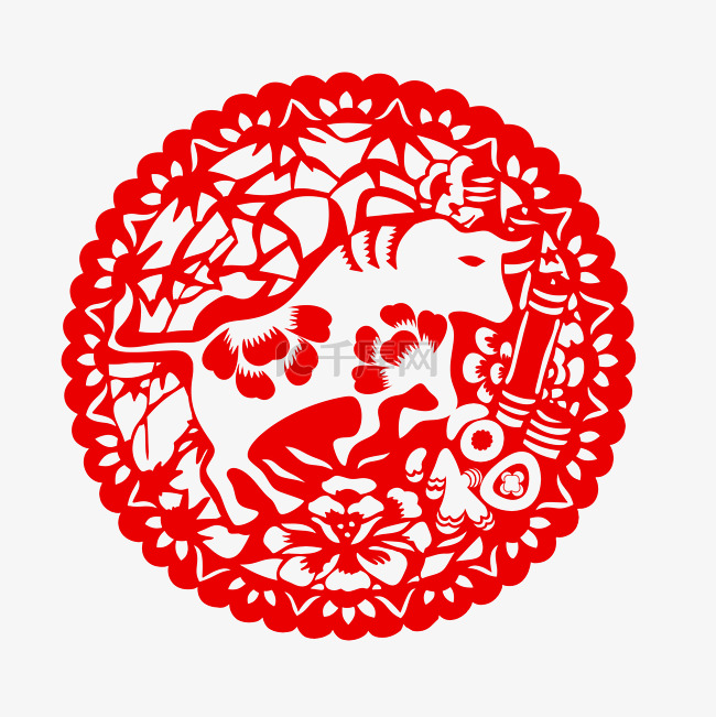 圆形红色剪纸牛新年春节牛年窗花