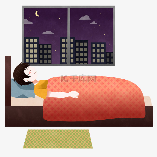 夜晚躺床上睡觉的男孩插画