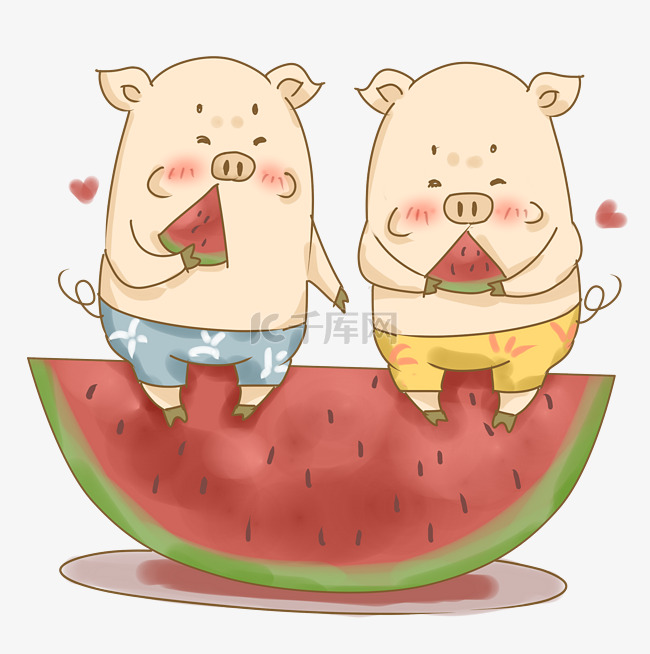 夏天吃西瓜的猪猪可爱插画PNG
