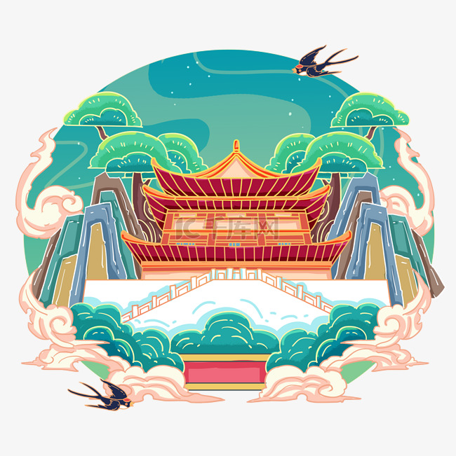 西安中国风国画风格钟楼旅游地标