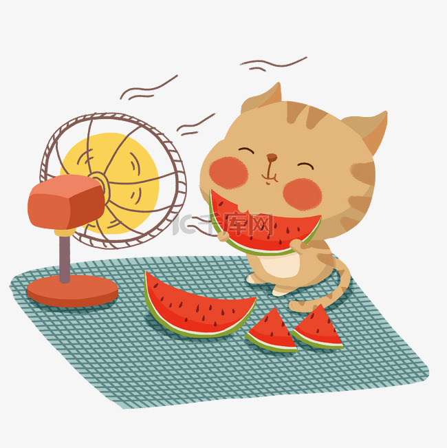 卡通夏天猫咪吃西瓜场景