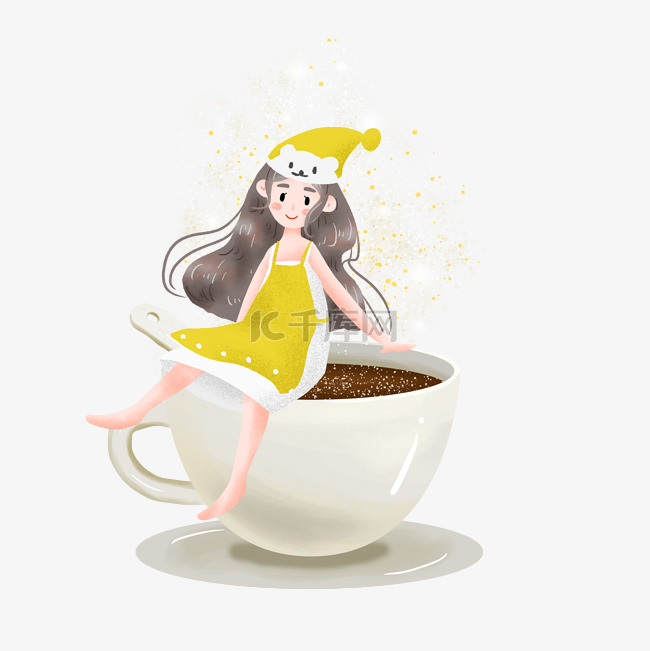 简约坐在咖啡杯上的女孩插画海报