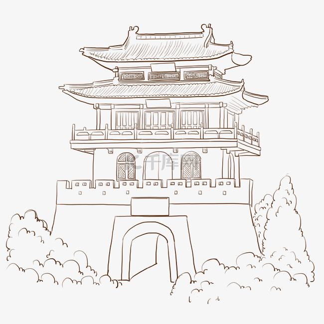 手绘皇宫宫殿古建筑线描