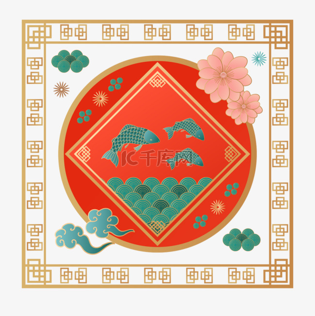 中国风格边框鱼花装饰