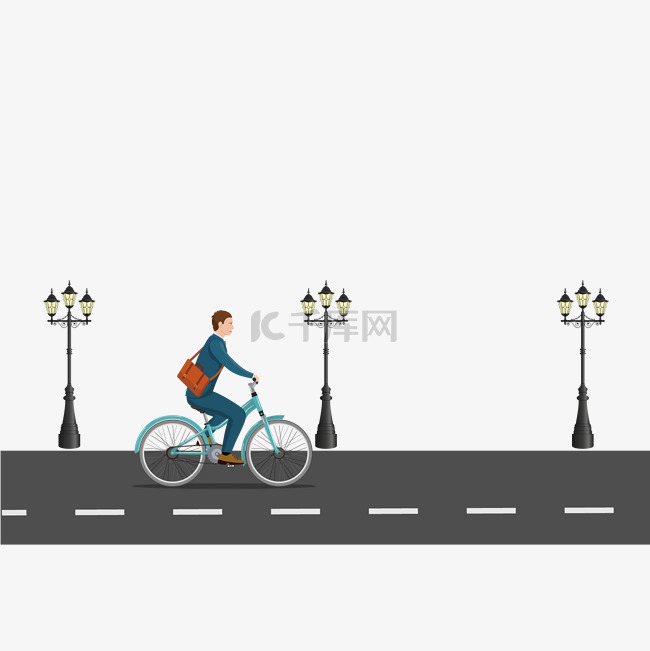卡通男孩在马路上骑单车