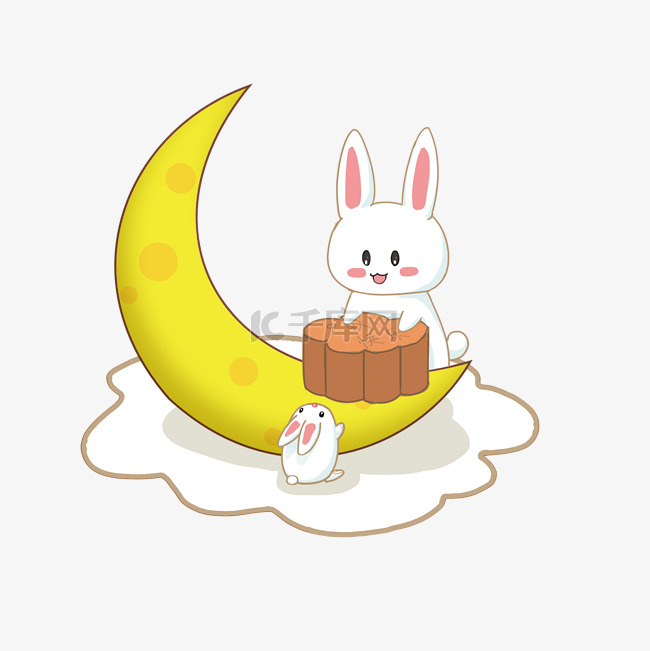 中秋节卡通手绘白色可爱兔子吃月