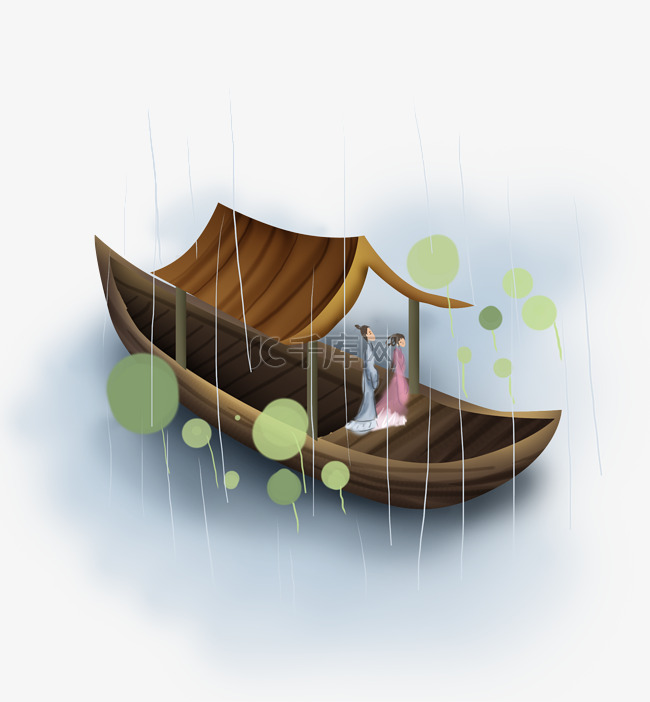 中国风雨天荷塘坐船游湖的古人