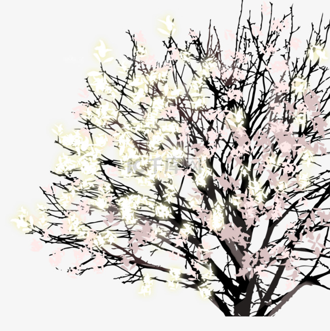 手绘卡通开花发光的树免扣元素