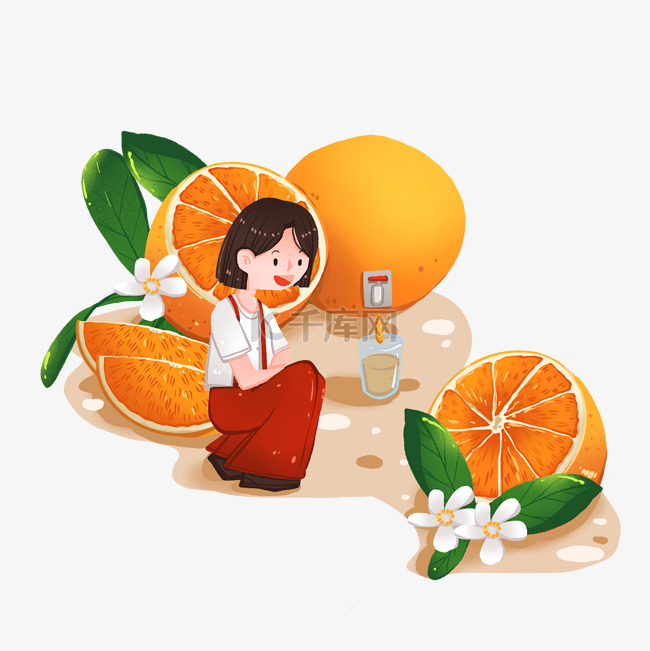应季水果丰收之喝橙汁的女孩和橙