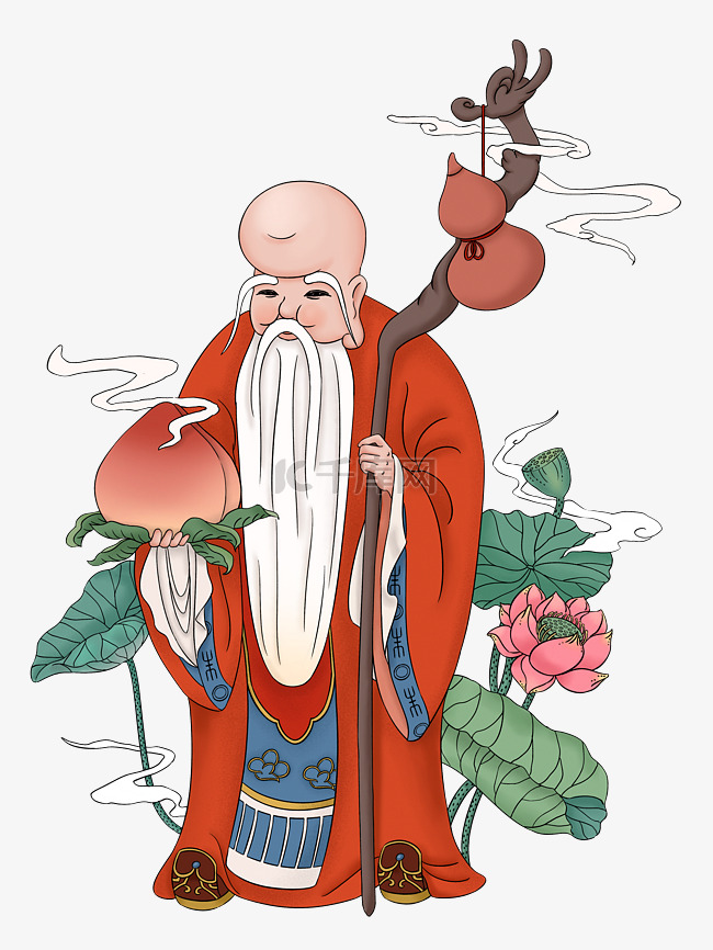新年快乐寿星长寿仙桃葫芦拐杖荷
