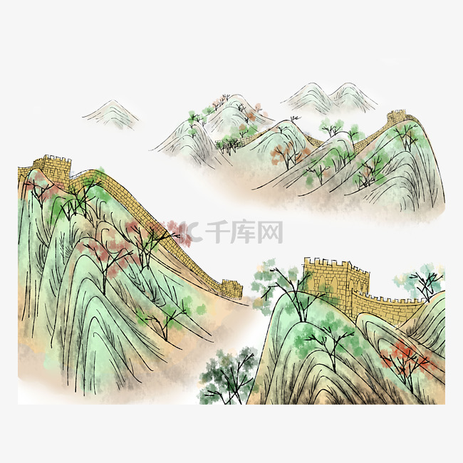 中国万里长城建筑山水国画水墨写