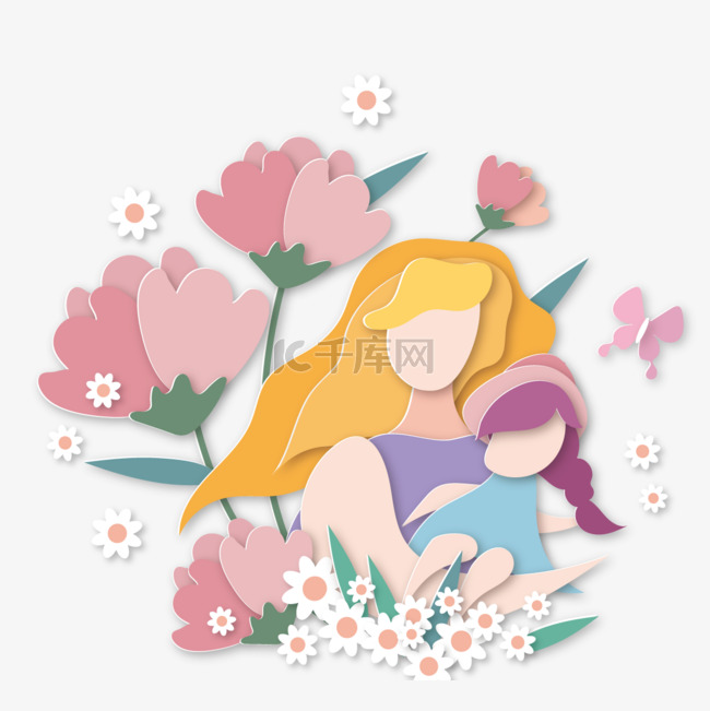 母亲节花卉人物插图剪纸