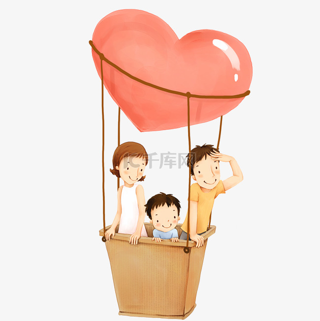 乘坐热气球的卡通家人