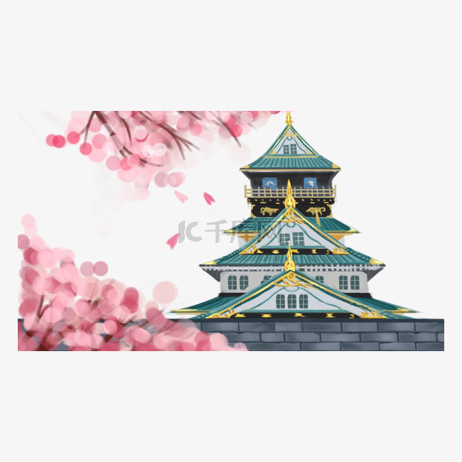 日本大阪城建筑手绘插画