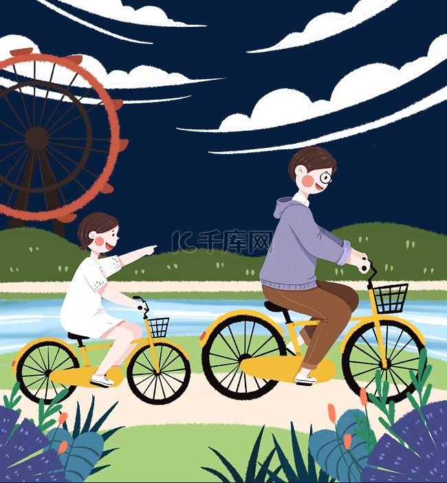 六一儿童节骑自行车玩耍的父女