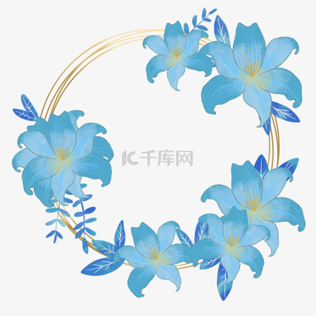 蓝色百合花婚礼花朵叶子边框