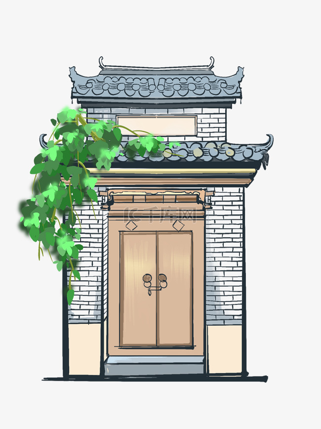 中式青砖屋檐绿叶