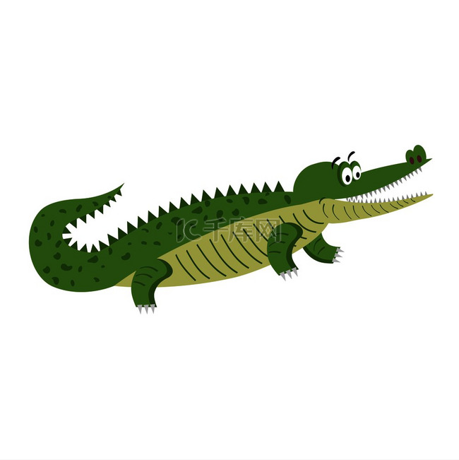 绿色卡通鳄鱼在自然位置隔离在白