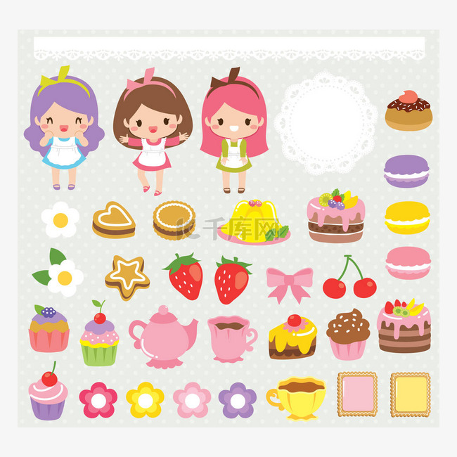 由女孩、糖果、蛋糕、茶杯和花边