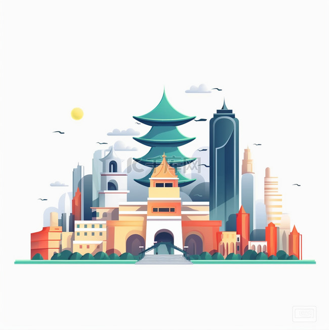 城市建筑扁平风手绘插画