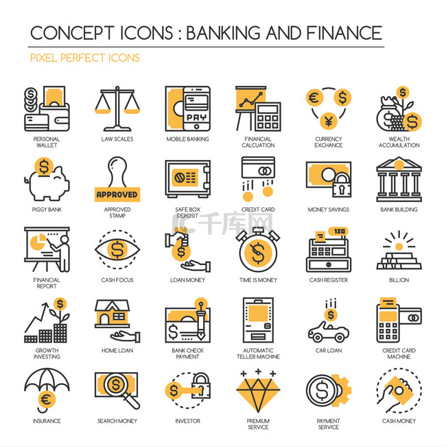银行与金融、 细线图标集，像素