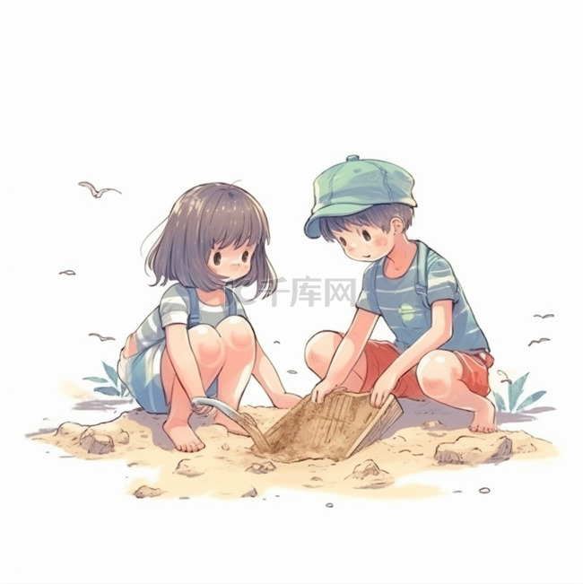 夏日手绘小朋友海边堆沙子