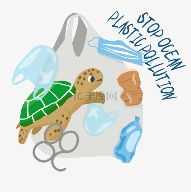 海龟被塑料袋缠绕阻止海洋塑料污