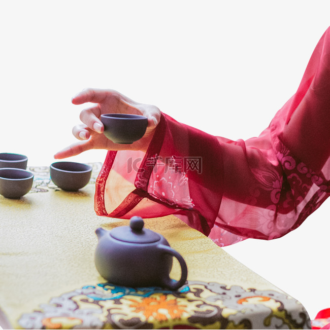 中国风红色汉服喝茶茶具场景