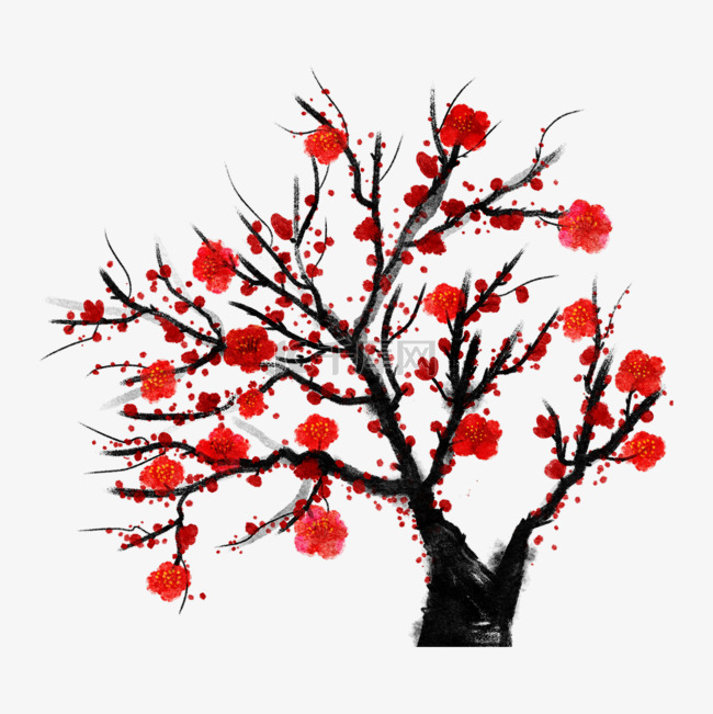 新年红梅树枝水墨风格