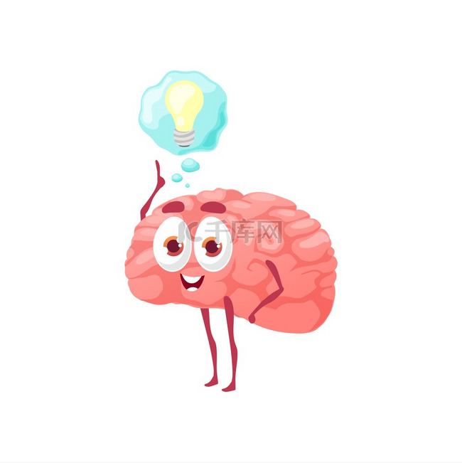 聪明的大脑与灯泡孤立有趣的卡通