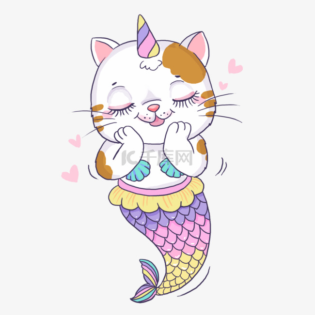 猫美人鱼撒娇可爱水彩画
