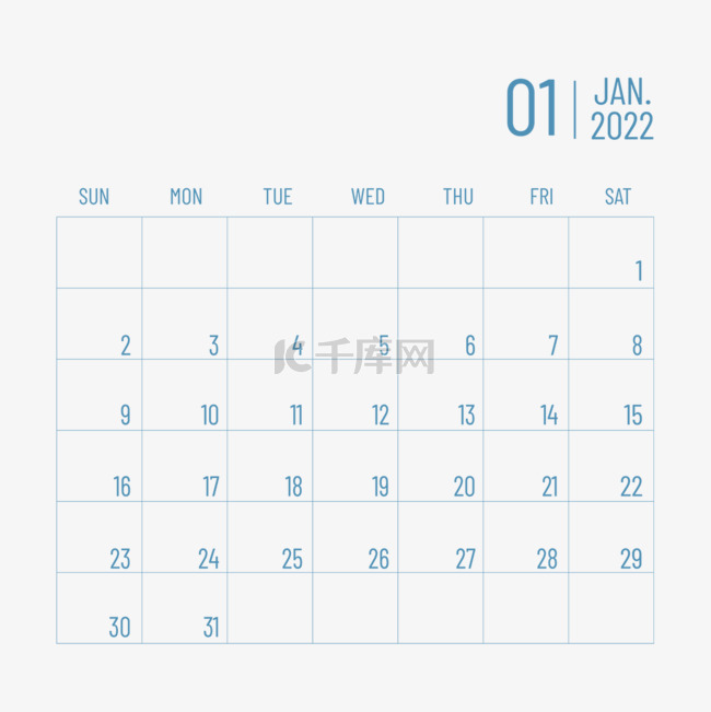 可印刷的日历2022年一月月历