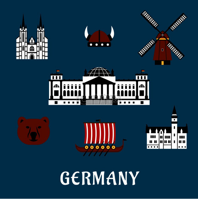 德国旅游概念与平面图标的熊、德