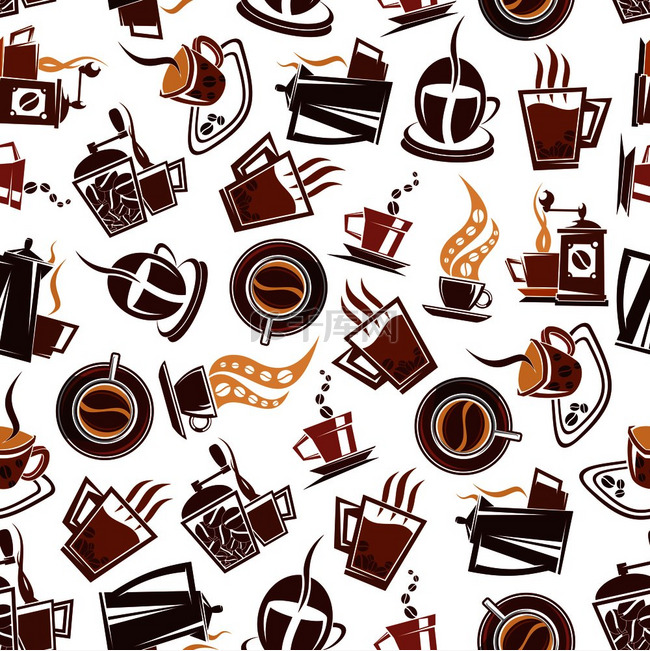 棕色咖啡无缝图案，由咖啡豆装饰
