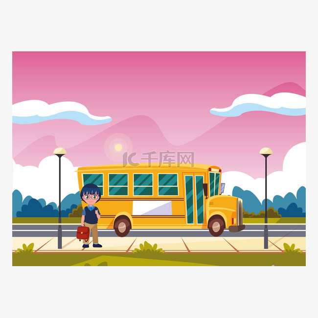 学生男孩和巴士接送回学校