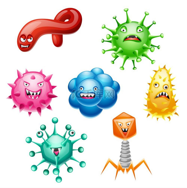 一组愤怒的小病毒、微生物和怪物