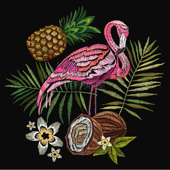 刺绣火烈鸟，棕榈树的叶子，菠萝