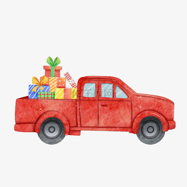 圣诞红色卡车和礼物盒水彩