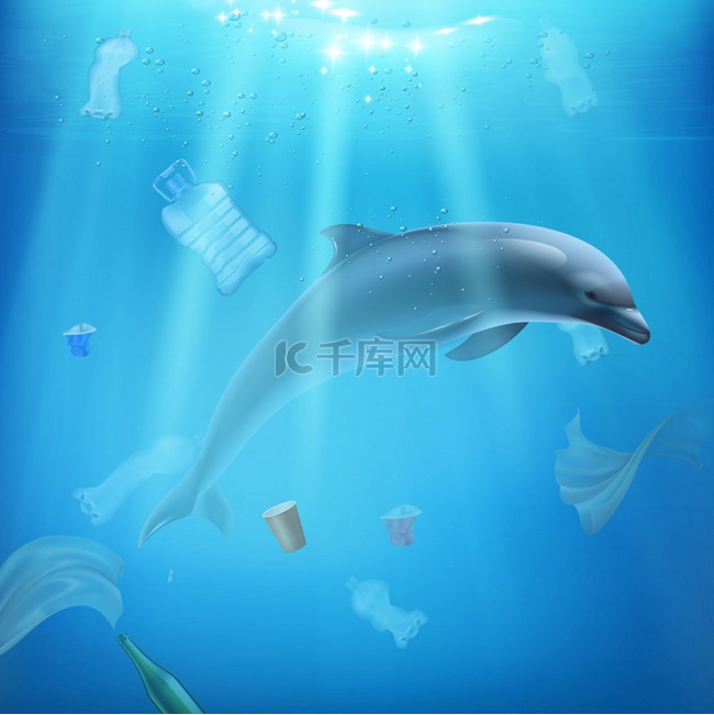 海豚和海洋中的污染与海豚在塑料