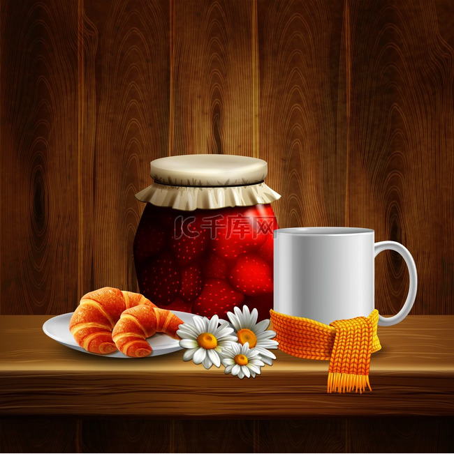 雏菊花逼真的构图与罐装果酱杯茶