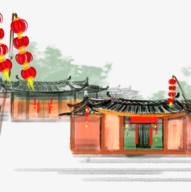 新年庙会建筑水墨街道古代中国风