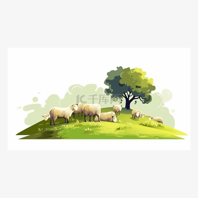 卡通扁平一群羊群在草坪吃草