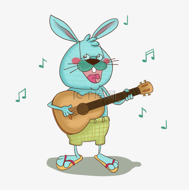 可爱的蓝色兔子弹吉他动物音乐家