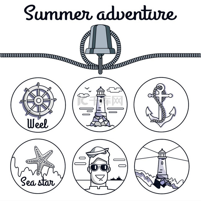 夏季冒险单色海报木轮旧灯塔金属