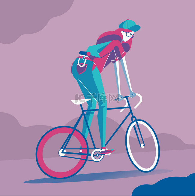 卡通女子骑自行车在镇上