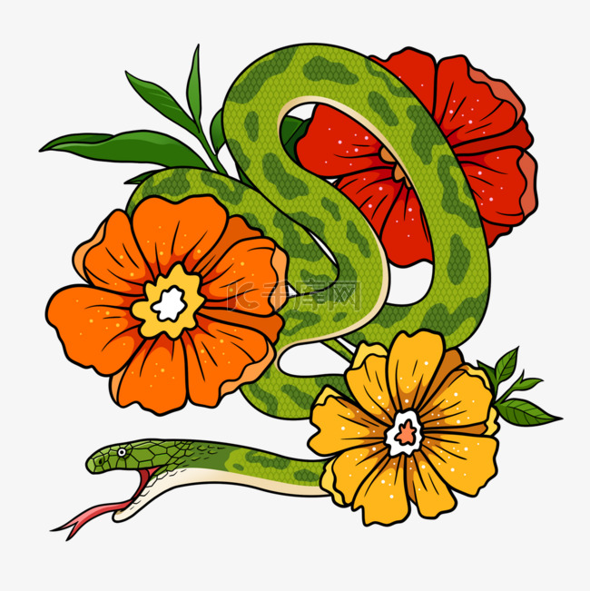 毒蛇绿色花朵插画风格