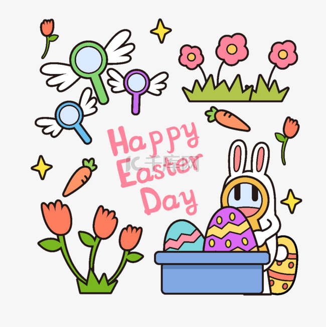 复活节可爱兔子和彩蛋花朵
