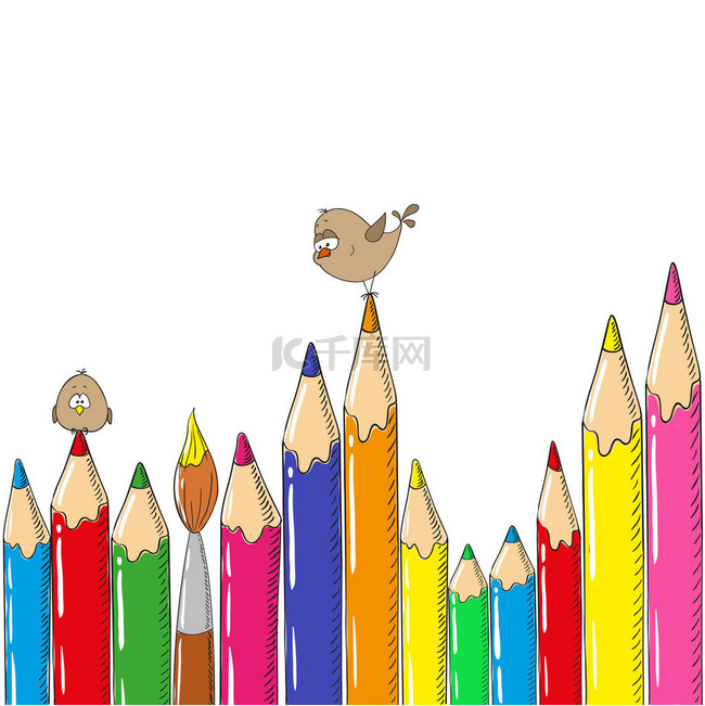 铅笔和一只鸟在白色背景上。学校