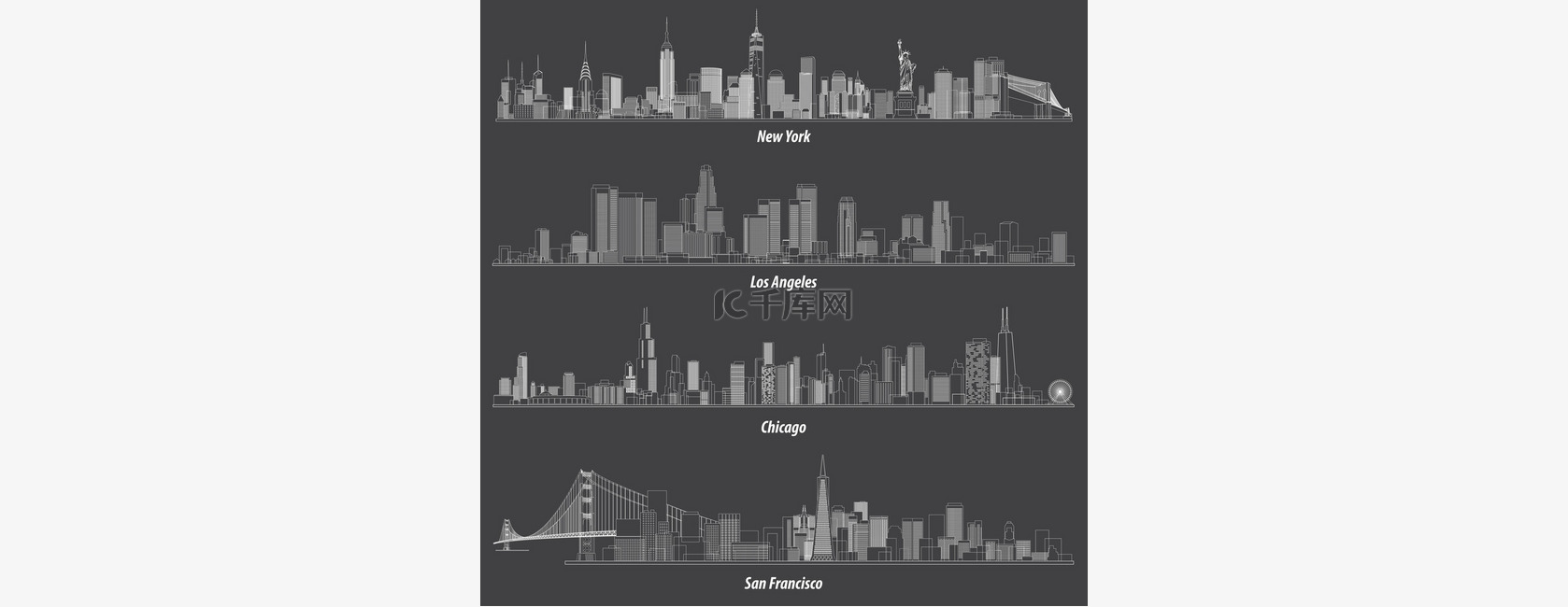 美国的抽象插图概述了城市天际线