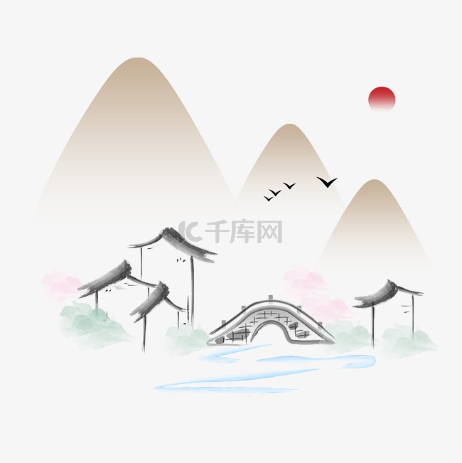 中式古风小桥流水山水图